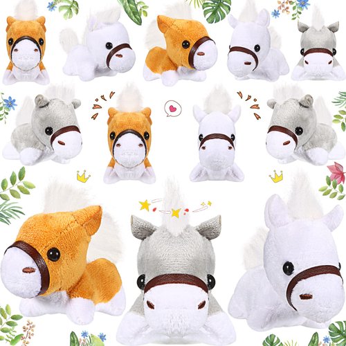 Zomiboo Stuffed Horse, 12 Pcs Assorted Toy Plushies, 3.2 Inch Mini Plush Animals Keychain Party Favors with Detachable Chain for Farm Party Supplies Christmas