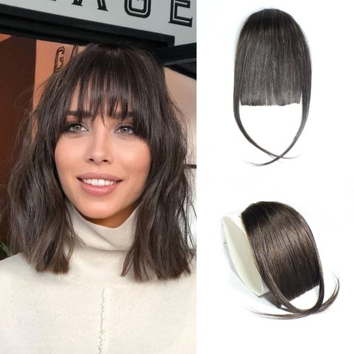 Clip in Bangs 100% Human Hair, Bangs Hair Clip Extensions, Clip on Bangs Wispy Bangs with Temples Hairpieces for Women,Fake bangs for Daily Wear (Wispy Bangs-1, Brown Black)