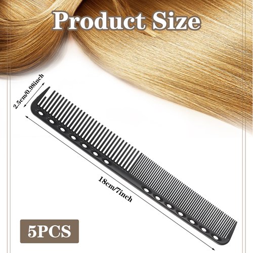 5PCS Black Hair Combs Premium Carbon Fiber Barber Comb, Medium & Fine Teeth Styling Comb, Heat Resistant Hair Cutting Comb Clipper Combs for Hairdressing Grooming Detangling Sectioning Teasing, 7 In