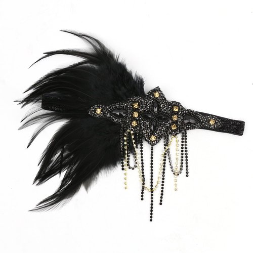 Bubbmi 1920s Flapper Headband Peacock Feather Headpiece, Great Gatsby Headband Costume Accessories for Women Showgirl Parties (HD6017black)
