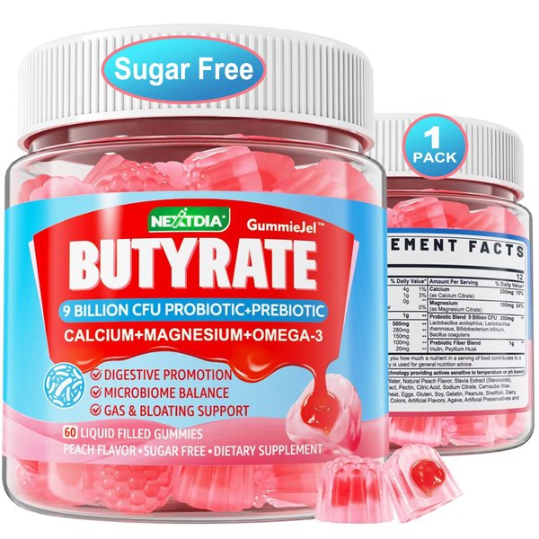Butyrate Gummies with Probiotic + Prebiotic + Postbiotic, Omega-3 500mg,Fiber with 9 Billion CFU Probiotics, Calcium & Magnesium, Inulin,Psyllium Husk for Digestive Health,Bloating Support,Sugar Free