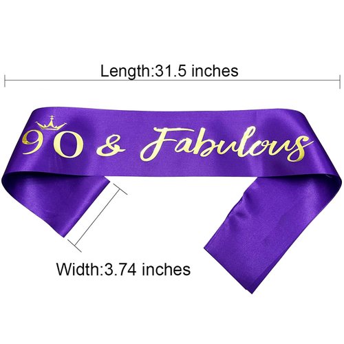 NAUXIUDSJS 90 and Fabulous Sash, 90th Birthday Sash, Satin Sash with Gold Foil Words Birthday Gift 90th Birthday Accessories Decorations Party Favor,Purple