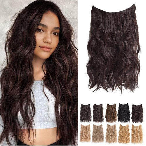 SHDanrtsey 21inch halo hair extension Adjustable Size 4 Secure Clips Invisible Wire Hair Extensions with Transparent Headband Wire hair Chocolate Brown Long Wavy halo extensions（6A#）