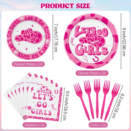 durony 96 Pieces Let's Go Girls Party Tableware Serve 24 Guests Cowgirl Paper Plates Dessert Plates Disposable Paper Napkins Forks Bachelorette Decorations for Birthday Disco Cowgirl Party Supplies