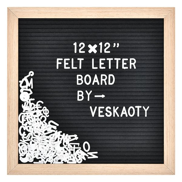 Felt Letter Board with 460 Letters, Numbers & Symbols - 12 x 12 inch Changeable Message Board with Wooden Frame Wall Mount Hook, (Black Board & Wood Frame)