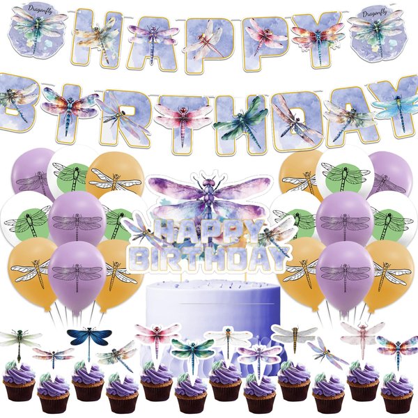 Dragonfly Birthday Decorations Cute Insect Dragonfly Party Decorations Includes Dragonfly Happy Birthday Banner, Cake Topper, Cupcake Topper, Balloons