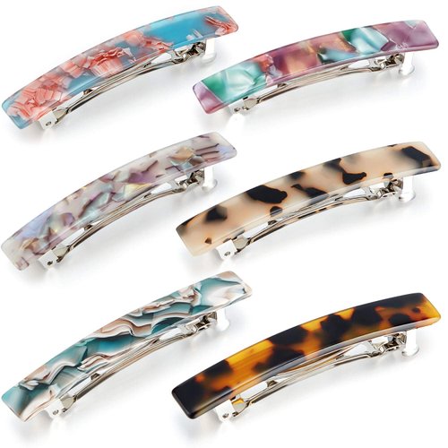 6 Pieces Tortoise Shell Hair Barrettes Medium French Snap Hair Barrettes Automatic Acetate Hair Clips Tortoise Rectangle Hair Clips for Women Hair Accessories(Chic Patterns)