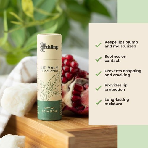 The Earthling Co. Lip Balm - Natural, Organic, Mint Lip Care - Non-tinted, Bee-free, Moisturizing Treatment Stick with Pomegranate Sterols, Coconut, and Butters (Peppermint, 0.33 oz)