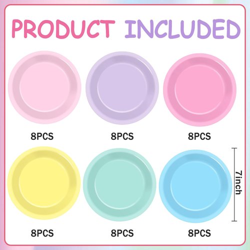 48Pcs Pastel Party Plates Pastel Party Supplies 7" Pastel Paper Plates Disposable Pastel Rainbow Party Decoration for Wedding Colorful Dessert Plate Tableware Birthday Party Baby Shower Party Supplies
