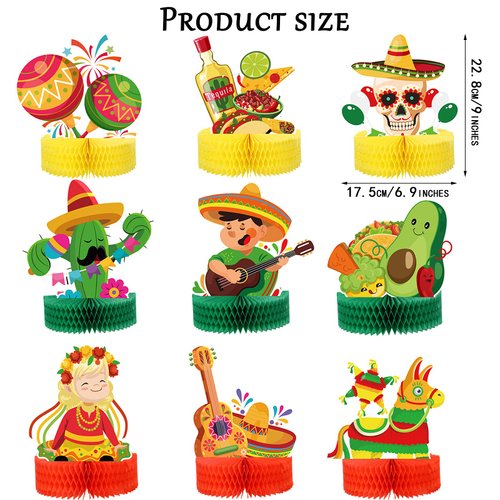 Sumind 9 Pieces Fiesta Honeycomb Table Centerpiece 9 Inches Colorful Hanging Paper Fans Cinco De Mayo Table Party Decorations Mexican Theme Centerpiece