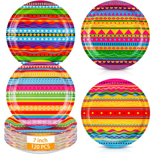Blushtier 120 Pcs Fiesta Paper Plates, Stripes Fiesta Paper Plates 7 Inch Mexican Dinner Plates Disposable Colorful Floral Party Plates for Cinco De Mayo Dance Piñata Taco Party Supplies