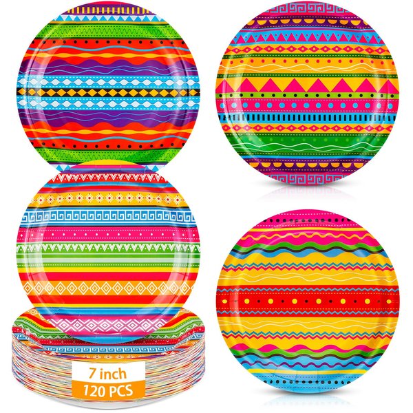 Blushtier 120 Pcs Fiesta Paper Plates, Stripes Fiesta Paper Plates 7 Inch Mexican Dinner Plates Disposable Colorful Floral Party Plates for Cinco De Mayo Dance Piñata Taco Party Supplies