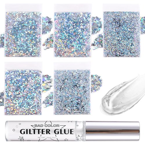 BADCOLOR 5 Packs Silver Body Glitters with Glue Kit, Holographic Chunky Sequins for Face, Body, H...