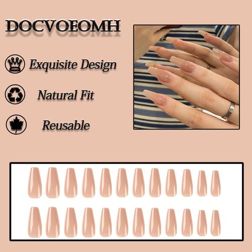 DOCVOEOMH Long Press on Nails Nude Fake Nails Classic Opaque Full Cover Acrylic False Nails for W...