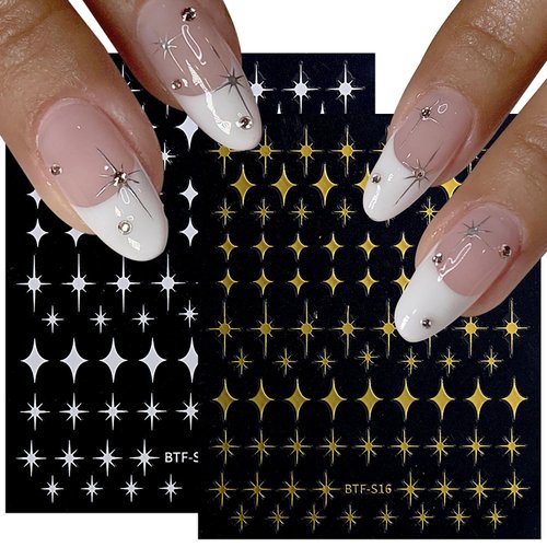 8 Sheet Star Nail Art Stickers 3D Self-Adhesive Nail Decals Black White Gold Silver Color Star Designs Nail Art Supplies for Women Nail Art Decortion Accessories DIY