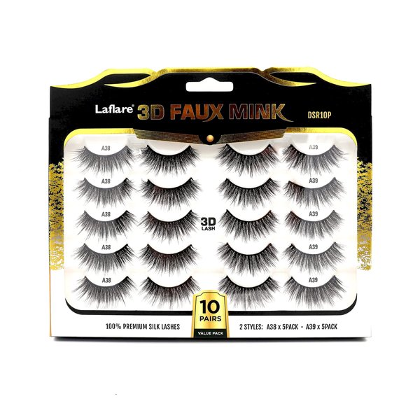 Laflare Premium Silk Lashes 3D Faux Mink Eyelashes Multipack, Light, Natural Looking, Professional Easy to Apply Eyelashes in a Knitted Style 10 Pairs Jumbo Pack (DSR10P)