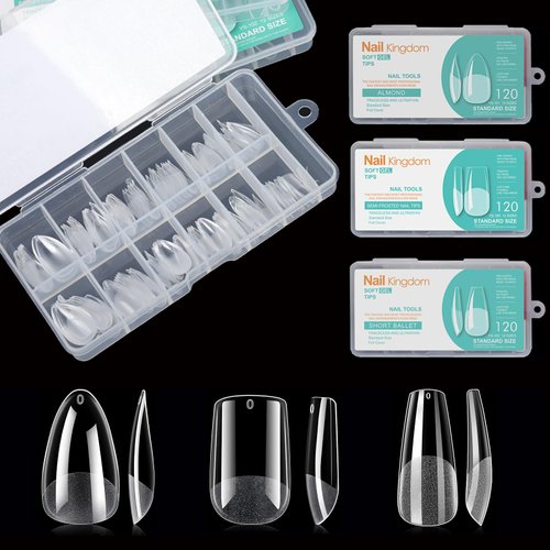 Soft Gel X False Nail Tips 3 Styles Kit - Medium Almond, Square and Ballerina, 360PCS Pre-shaped Half Matte Full Cover Acrylic Nail Tips, Nail Extension DIY Manicure Salon Home, 12 Sizes,BlueZOO