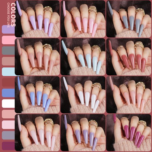 Teenitor Full Cover Color Press On Coffin Nails, 576pcs Fake Nail Tips in 24 Colors, Glue On Long Ballerina False Nails