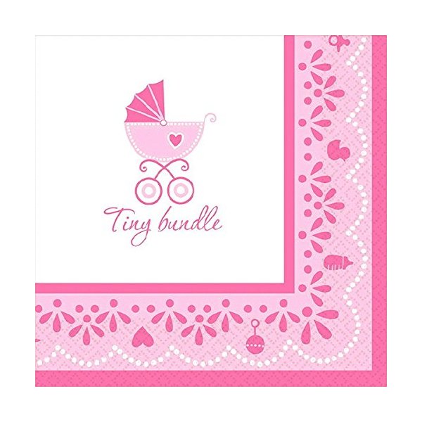 Amscan Sweet Celebrate Baby Girl Beverage Napkins, 5 x 5, Pink/White