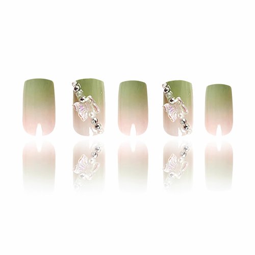 BABALAL Square Press on Nails Medium Fake Nails Green Glue on Nails 3D Butterfly Pearl Design Acrylic Nails 24Pcs Squoval Manicure Stick on Nails for Women and Girls