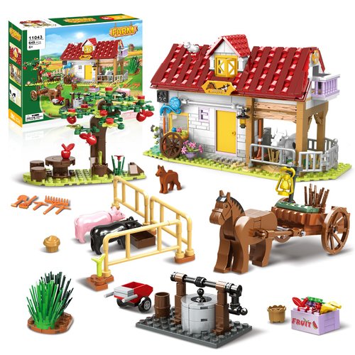 OKKIDY Farm House Building Set Toy for Girls Boys - 649 PCS Farm Animals Building Block Set with Carriage Farm Tools, Creative for Kids Ages 6 7 8 9 10 11 12+