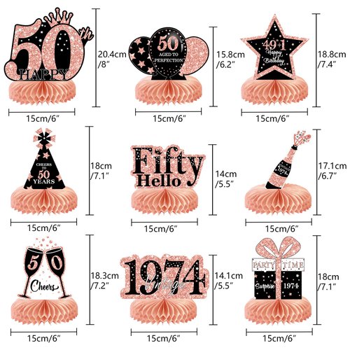 9Pcs 50th Birthday Decorations Honeycomb Centerpieces for Women, Rose Gold Pink Happy 50th Birthday Centerpieces Tables Toppers Party Decorations Supplies, Vintage 1974 Aged Birthday Table Sign Decor