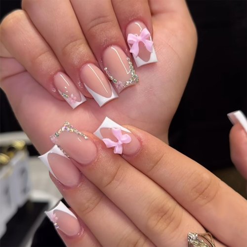 24pcs White French Tip Press on Nails Short Square Fake Nails Rhinestones Full Cover Tip Glitter Stick on Nails Pink Flower Designs Glue on Nails Bow False Nails for Women Girls Acrylic Nails