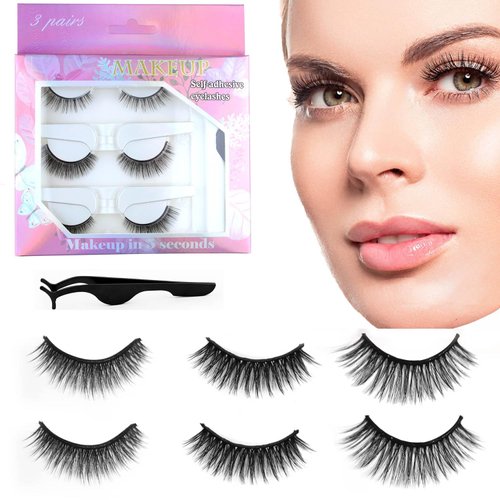 3 Styles Reusable Self Adhesive Eyelashes, No Eyeliner or Glue Needed, Stable False Lashes Natural Look, False Eyelashes with Tweezers for Women Girls Gift
