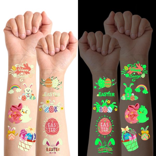 36 Sheets Easter Temporary Tattoos Glow in the Dark, Luminous Rabbit Colored Egg Chicks Carrot Water Transfer Stickers for Kids Boys and Girls Birthday Party Favors, Children Easter Basket Stuffers