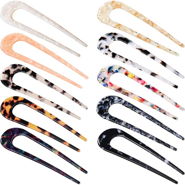 WILLBOND 10 Pieces U Shaped Hairpin French Hair Pin Chignon Pin Hair Fork Sticks Celluloid Acetate Tortoise Shell Hair Pin Updo for Women