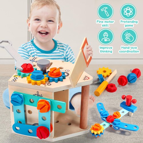 Toddler Tool Set - 33 PCS Wooden Kids Tools with Box / Bench / Tool House, Montessori Educational Pretend Play Preschool Toys Gifts for 2 3 4 5 Year Old Boy Girl Kids, STEM Fine Motor Skills Tool Set