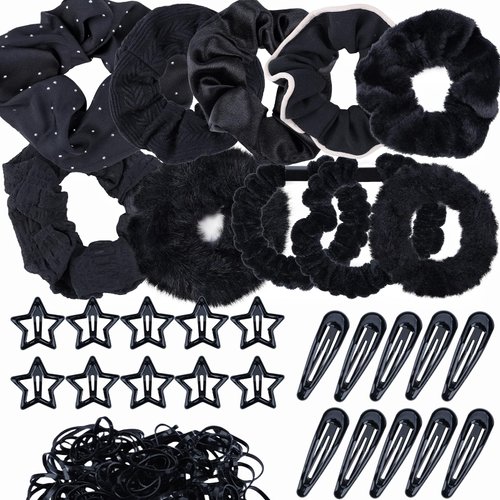 editTime Winter Fashion 10 pcs Velvet Elastic Hair Bands and 20 pcs Y2K Snap Star and Drops Hair Barrettes Clips with 100pcs Mini Rubber Bands for Women and Grils (black)