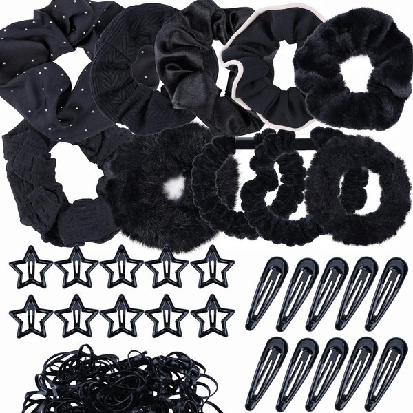editTime Winter Fashion 10 pcs Velvet Elastic Hair Bands and 20 pcs Y2K Snap Star and Drops Hair Barrettes Clips with 100pcs Mini Rubber Bands for Women and Grils (black)