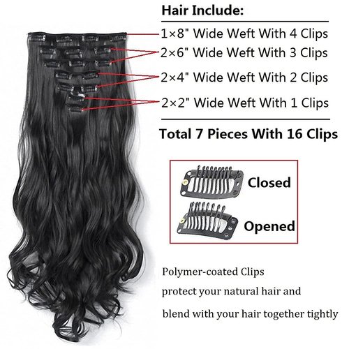 Clip in Hair Extensions for Women 7PCS Clip Ins 22 Inch Long Wavy Synthetic Thick Hairpieces Fake Hair Piece Double Weft Heat Resistant Fiber Natural Black 1B Color
