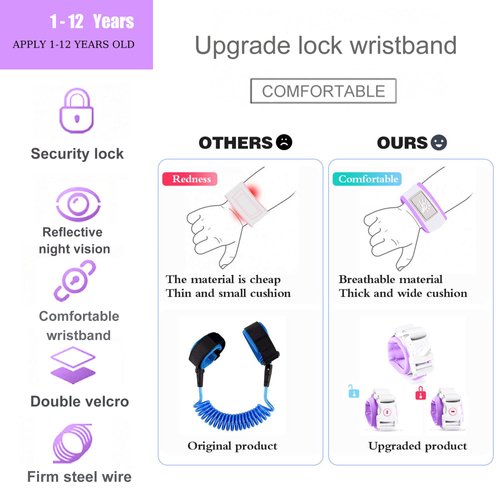 Toddler Harness Walking Leash- Child Anti Lost Wrist Link - Child Safety Harness - Upgrade with Reflective(6.5ft) - for Boys and Girls,Not Easy to Open Without Key (Purple)