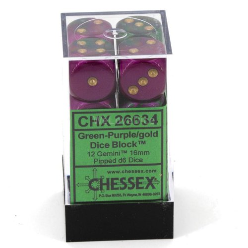 DND Dice Set-Chessex D&D Dice-16mm Gemini Green, Purple, and Gold Plastic Polyhedral Dice Set-Dungeons and Dragons Dice Includes 12 Dice – D6, (CHX26634)