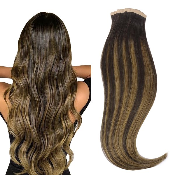 HOTBANANA Tape in Hair Extensions, 16 Inch 20pcs 50g Balayage Dark Brown Mixed Chestnut Brown Tape in Hair Extensions Human Hair Tape Hair Extensions Straight Remy Human Hair Tape in Extensions