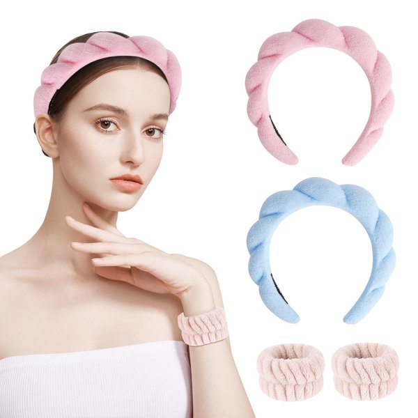 moniko Spa Headband for Washing Face,Makeup Headbands for Women,Wrist Strap Set Prevent Liquid Overflow,Face Wash Headband for Skincare,Makeup Removal,Hair Accessories(4 Pack)