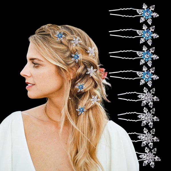 8 Pcs Snowflake Hair Clips Winter Christmas Crystals Snowflake U-Shape Pins Hair Accessories for Women Girl Bridal Wedding Party Rhinestone Hair Clips (Blue, Silver)