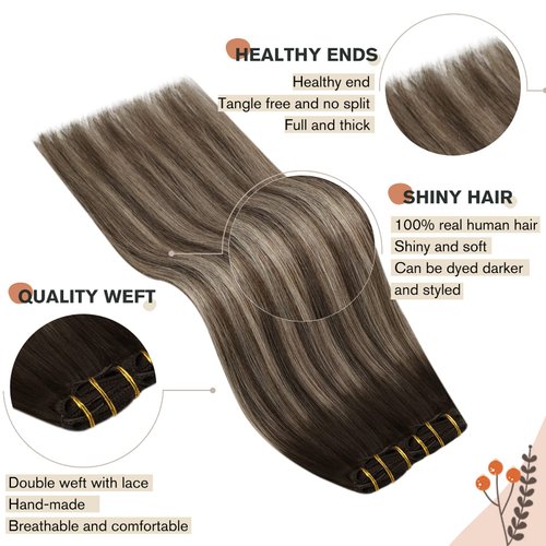 Ugeat Hair Clip in Human Hair Extensions 18 inch Clip in Remi Hair Extensions Human Hair #4 with #18 Ash Blonde Human Hair Clip in Extensions Brown 7pcs 120g(105g Hair + 15g Clips)