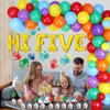 Hi Five Birthday Party Decorations Boy Girl - 5th Birthday Decorations Balloon Garland Kit with Hi Five Foil Banner, Handprint Sticker Glitter Cake Topper for Five Birthday Party