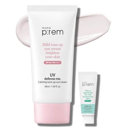 MAKEPREM UVA UVB Defense Me Calamine Calming Sun Cream SPF 50+ PA++++ 1.69 Fl Oz Korean Mineral Sunblock VEGAN Sunscreen Reef-safe Mild Non-Irritating Sensitive Acne-Prone Skin Non-Nano No Chemicals