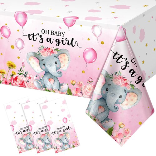 3 Pack Elephant Baby Shower Tablecloth Decorations, Elephant Baby Shower Decorations, Plastic Tablecloth Table Cover Backdrop for Baby Boy Girl Gender Baby Shower Party Supplies, 54 x 108 Inch, Pink