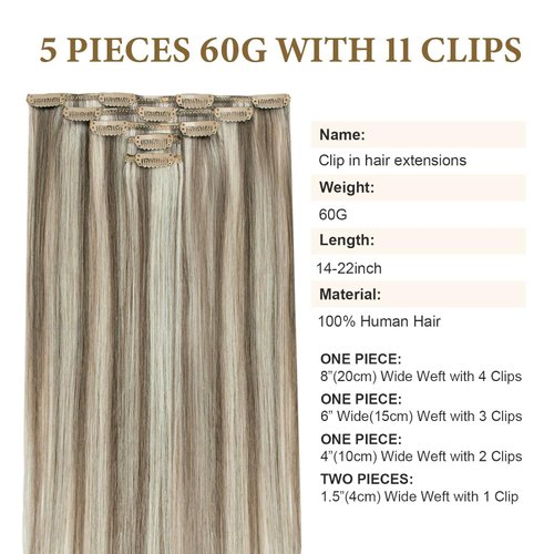 Clip in Hair Extensions Real Human Hair Ash Brown Highlights Platinum Blonde Remy Brazilian Clip on Human Hair for Women Invisible Double Weft 14 Inch Natural Silky Straight Clip ins Hair 60G 5 PCS