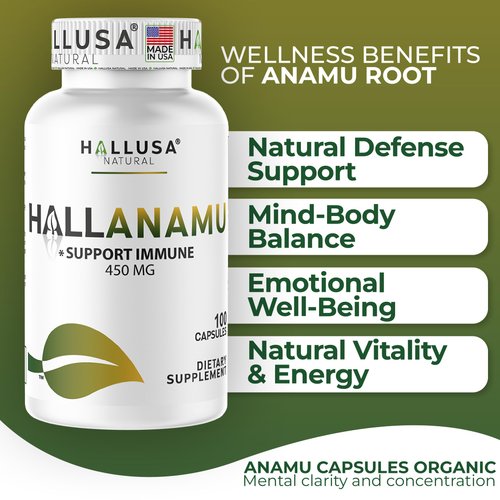 Hallusa Natural Anamu Root 450 mg - Petiveria Allicea - Anamu Capsules Organic - Immune System & Energy - 100 Capsules