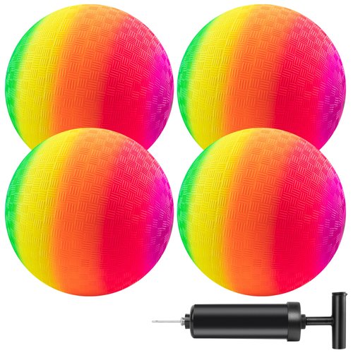 MIC MICSOA Playground Balls Kickballs 8.5 Inch, Rainbow Playground Ball Set for Kids and Adults, Dodgeball Kick Balls Handball for Indoor & Outdoor Schoolyard Games with Hand Pump(4 Pack)