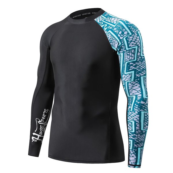 HUGE SPORTS Men's Splice UV Sun Protection UPF 50+ Skins Rash Guard Long Sleeves(Zigzag, L)
