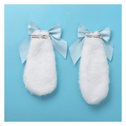 1Pair Blue Girls Bunny Plush Lop Ears Hair Clip Rabbit Furry Ears Ribbon Bow-knot Hair Clamp Hairpin Cosplay Headwear Easy Bunny Ears Hair Clips to Wear Ornaments,Costumes and Accessories