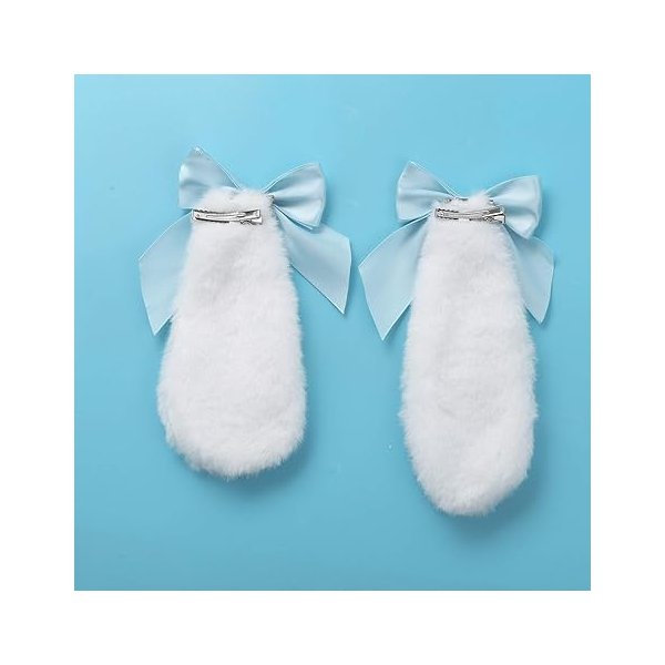 1Pair Blue Girls Bunny Plush Lop Ears Hair Clip Rabbit Furry Ears Ribbon Bow-knot Hair Clamp Hairpin Cosplay Headwear Easy Bunny Ears Hair Clips to Wear Ornaments,Costumes and Accessories