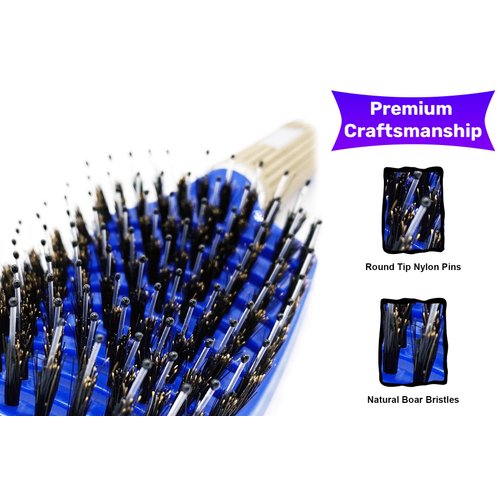 Zabolight Premium Vent Boar Bristle Hair Brush Vented Detangling Oversize Hair Brush for Thick Long Curly Hair, Curved Fast Blow Drying Brush for Women & Men (Blue)